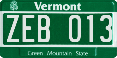 VT license plate ZEB013