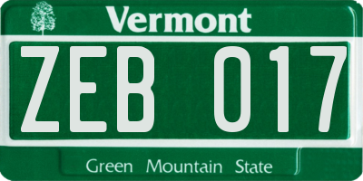 VT license plate ZEB017