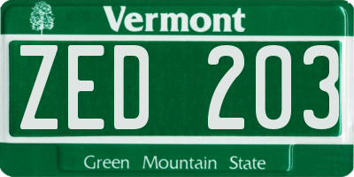 VT license plate ZED203