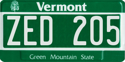VT license plate ZED205