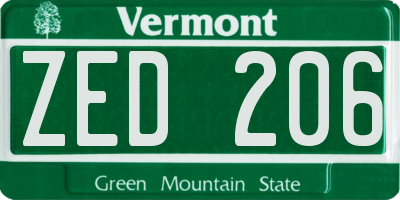 VT license plate ZED206