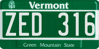 VT license plate ZED316