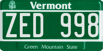 VT license plate ZED998