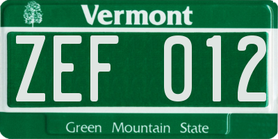 VT license plate ZEF012