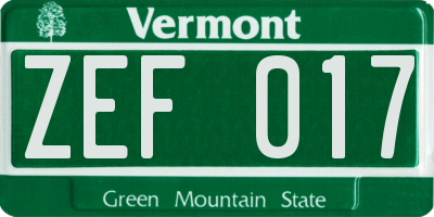 VT license plate ZEF017