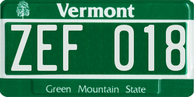 VT license plate ZEF018