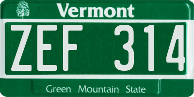 VT license plate ZEF314