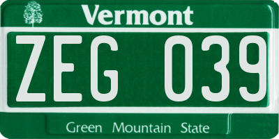 VT license plate ZEG039