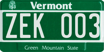 VT license plate ZEK003
