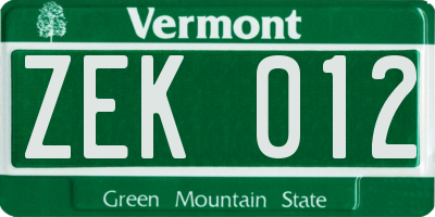 VT license plate ZEK012
