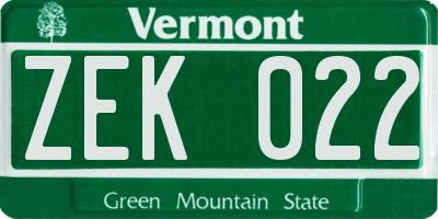VT license plate ZEK022