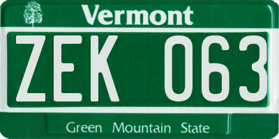 VT license plate ZEK063