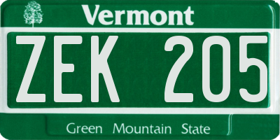VT license plate ZEK205