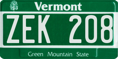 VT license plate ZEK208