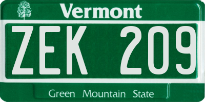 VT license plate ZEK209