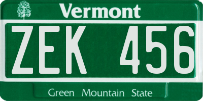 VT license plate ZEK456