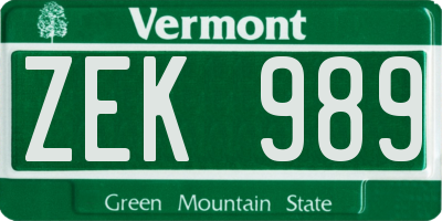 VT license plate ZEK989