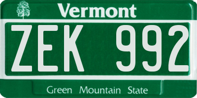 VT license plate ZEK992