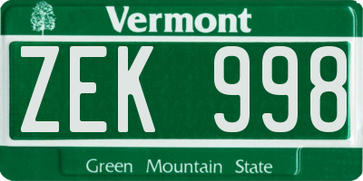 VT license plate ZEK998