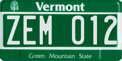 VT license plate ZEM012