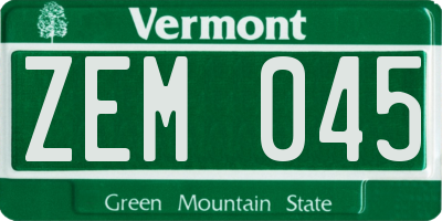 VT license plate ZEM045