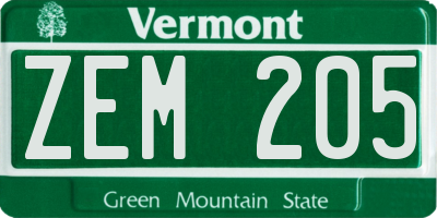 VT license plate ZEM205