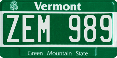 VT license plate ZEM989