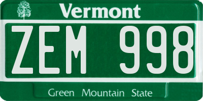 VT license plate ZEM998