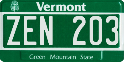 VT license plate ZEN203