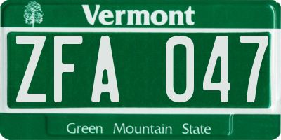 VT license plate ZFA047
