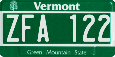 VT license plate ZFA122