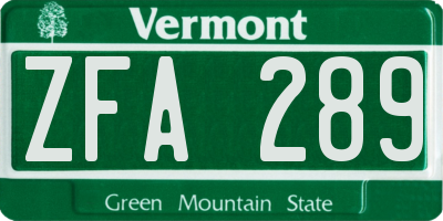 VT license plate ZFA289
