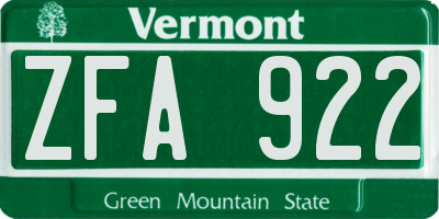 VT license plate ZFA922