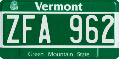 VT license plate ZFA962