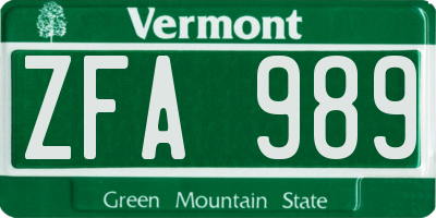 VT license plate ZFA989