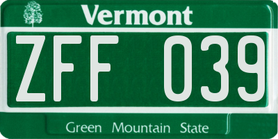VT license plate ZFF039