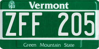 VT license plate ZFF205