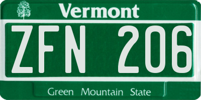VT license plate ZFN206