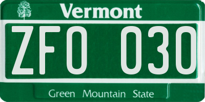 VT license plate ZFO030