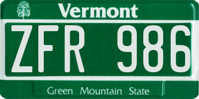 VT license plate ZFR986