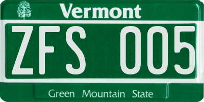 VT license plate ZFS005