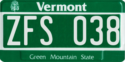 VT license plate ZFS038