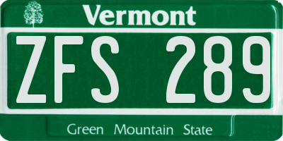 VT license plate ZFS289