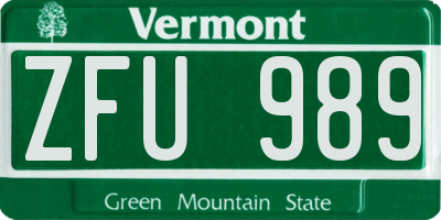 VT license plate ZFU989