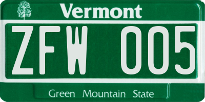 VT license plate ZFW005