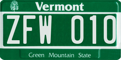 VT license plate ZFW010
