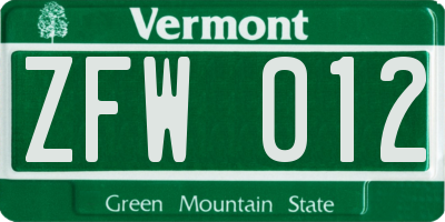 VT license plate ZFW012