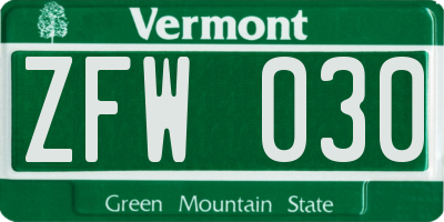 VT license plate ZFW030