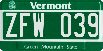 VT license plate ZFW039