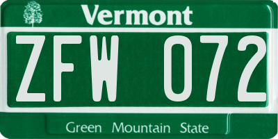 VT license plate ZFW072